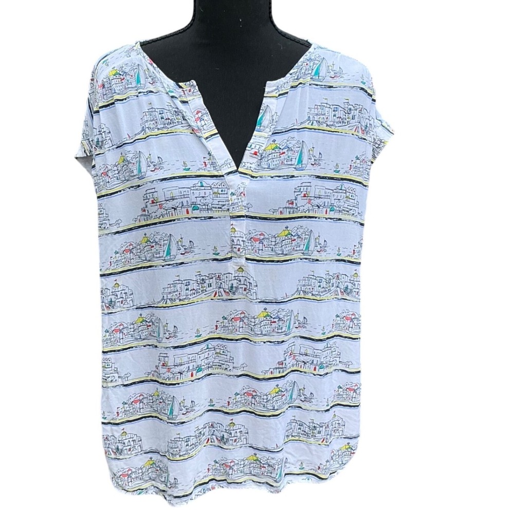 Stylus Womens Large White Coastal Village Sailboat Print Rayon V-Neck Blouse Top